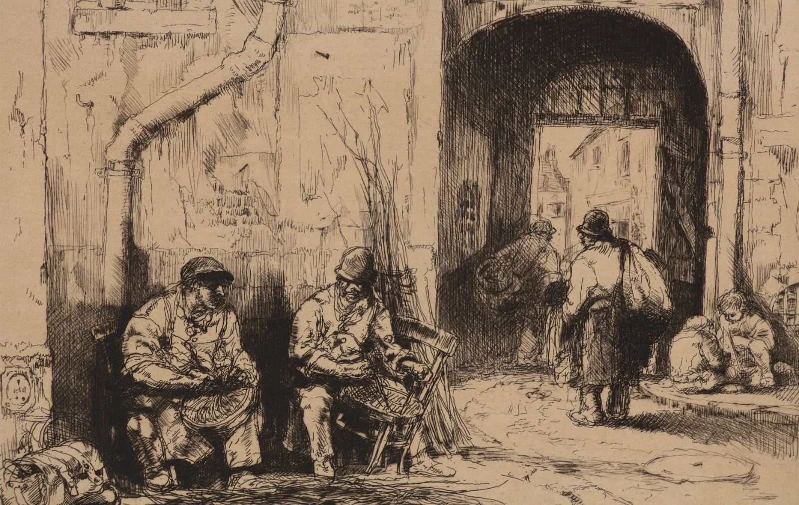 A detailed black-and-white sketch of several people gathered outside a building; some sitting, others standing, under an archway, with a street scene visible through the arch.