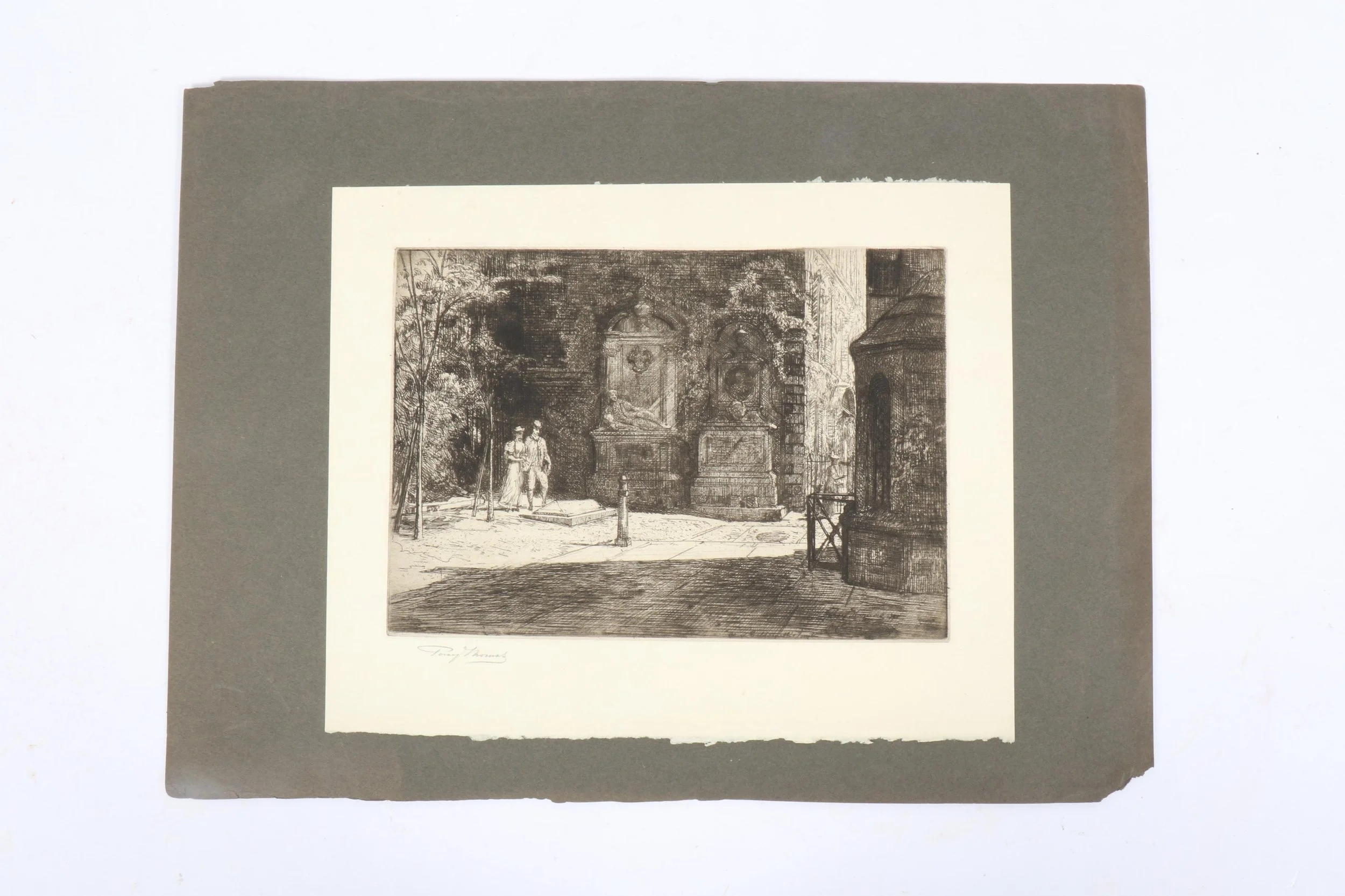 A black and white print depicting two people walking in a garden or courtyard, with an ornate fountain or monument in the background and trees framing the scene.