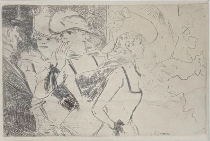 Sketch of a group of women and a man, all wearing hats, in a vintage outdoor setting.