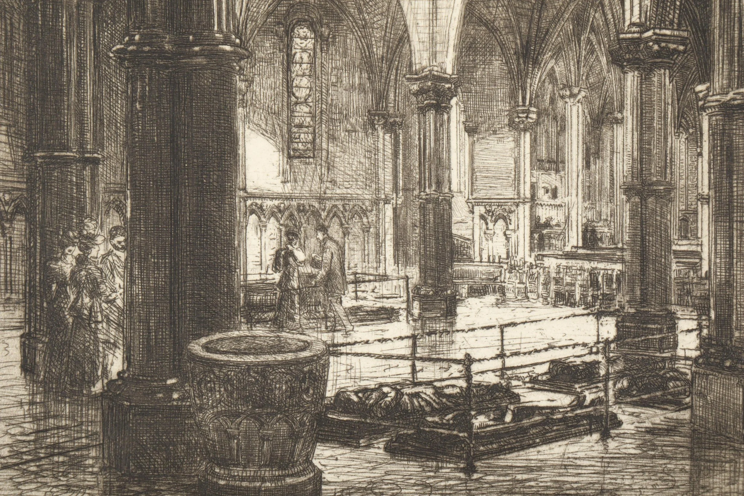 An intricately detailed sketch of the interior of a Gothic cathedral, with high vaulted ceilings, tall columns with ornate capitals, and a group of people viewing religious artifacts and stained glass windows.