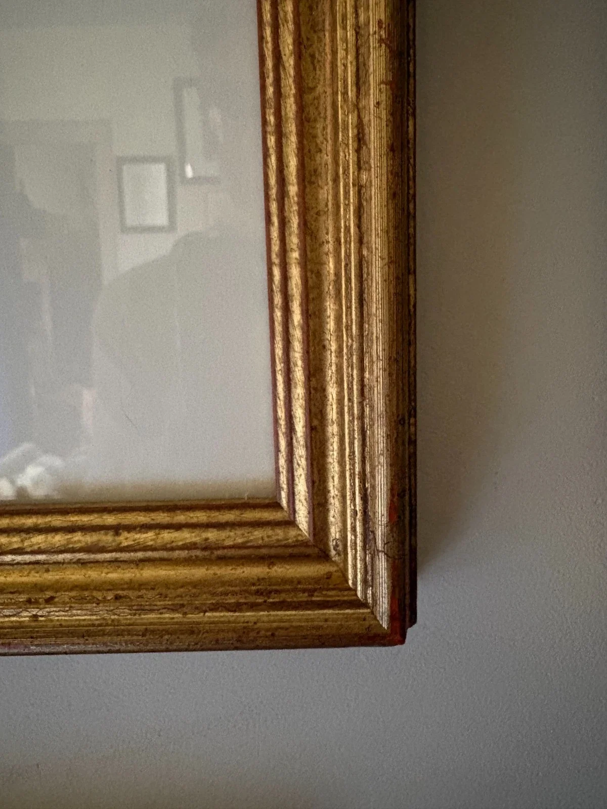 Close-up of a gold ornate picture frame hanging on a wall.