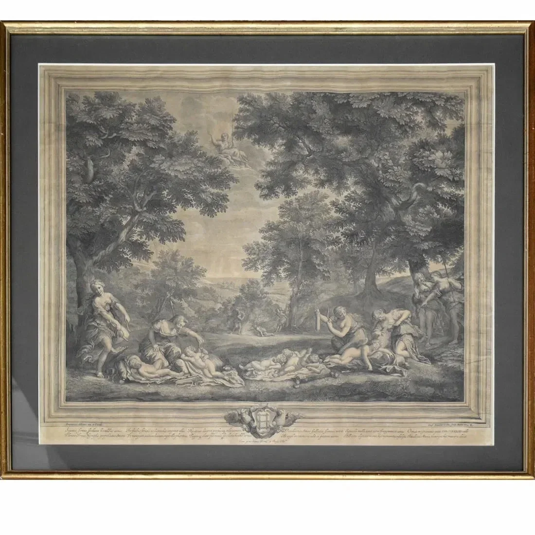 A framed black-and-white classical landscape scene with people, trees, and cherubs.