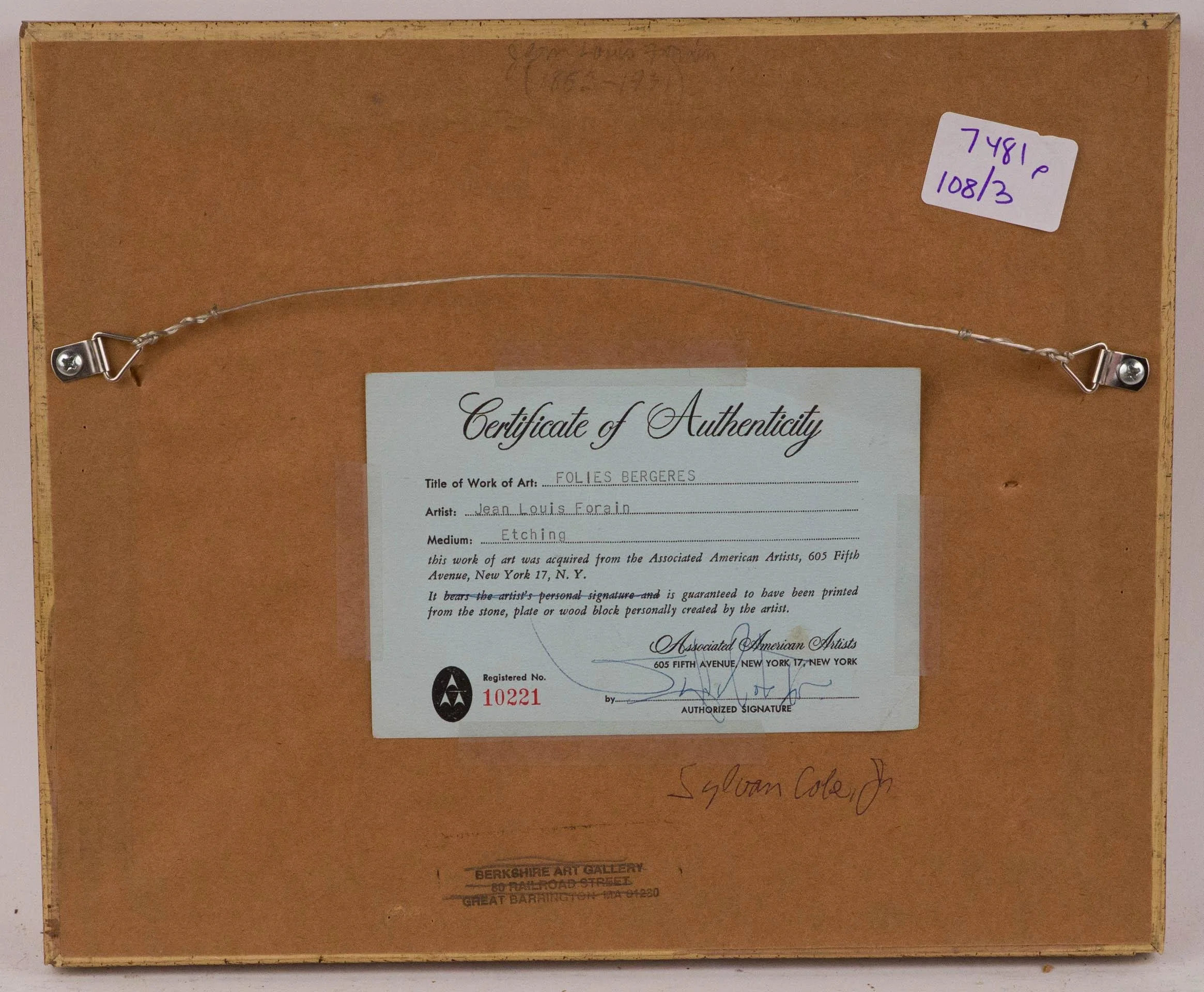 Back of a framed certificate of authenticity for an artwork titled "Folies Bergeres" by artist Jean Louis Forain, featuring a wire hanging system with metal hooks and a handwritten sticker with numbers.