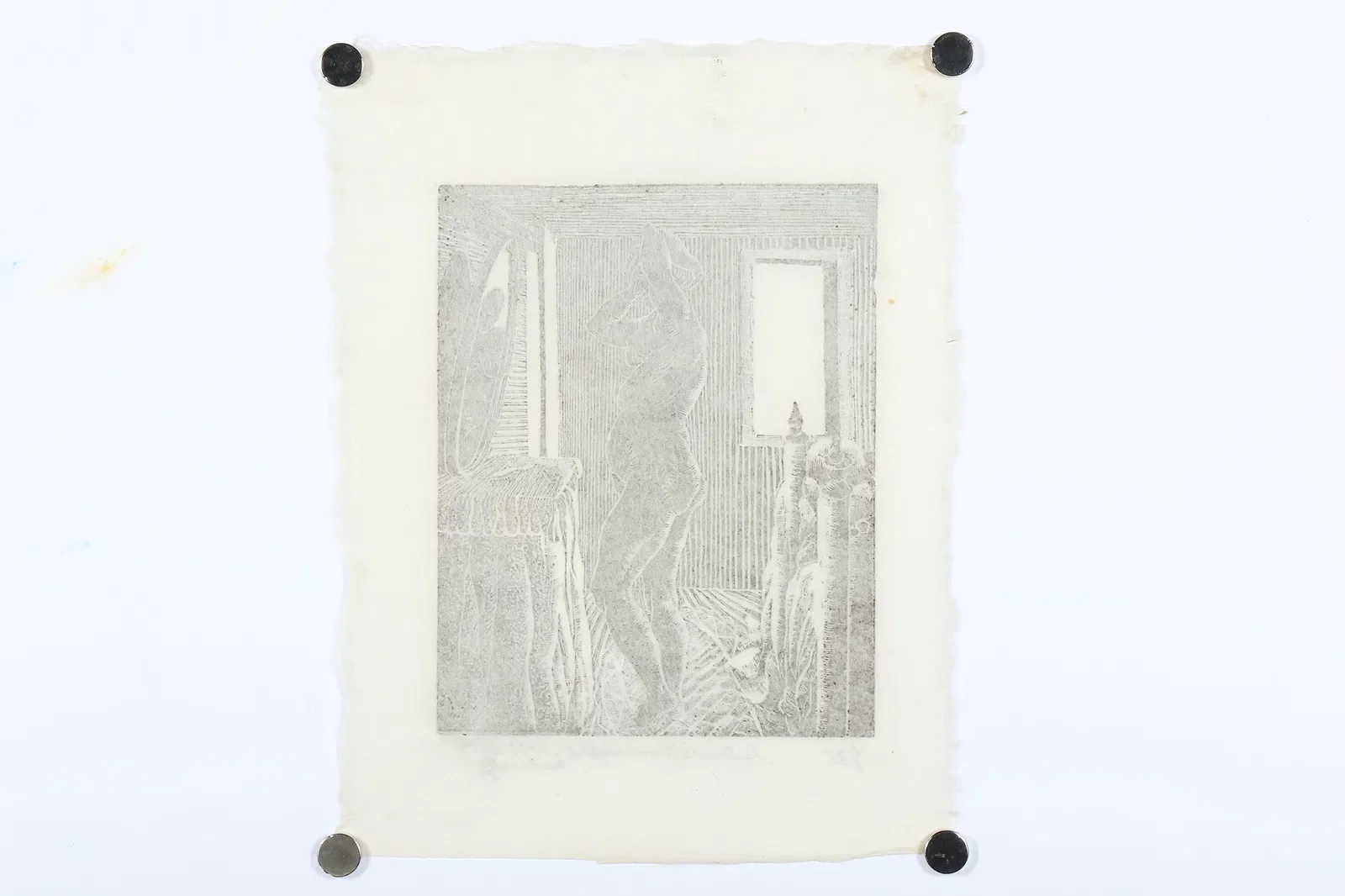 An engraving of a woman standing in a room with a window, a chair, and a small table with a candle.