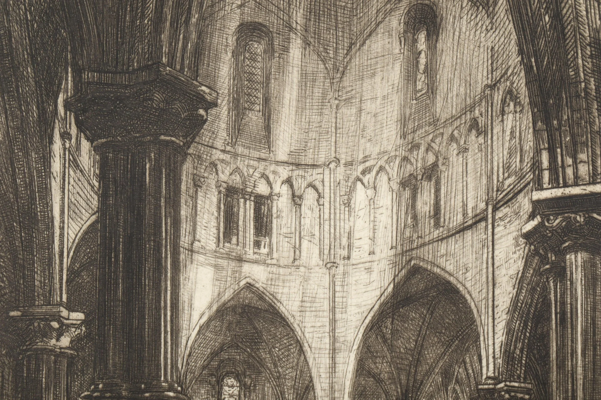 Sketch of the interior of a gothic cathedral with high pointed arches, columns, and stained glass windows.