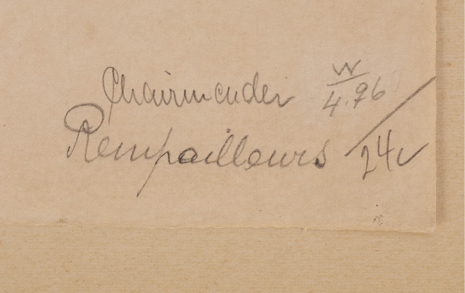 Handwritten note with the words 'Chambreider Renhailleurs 4,46 1,40' and some numerical figures.