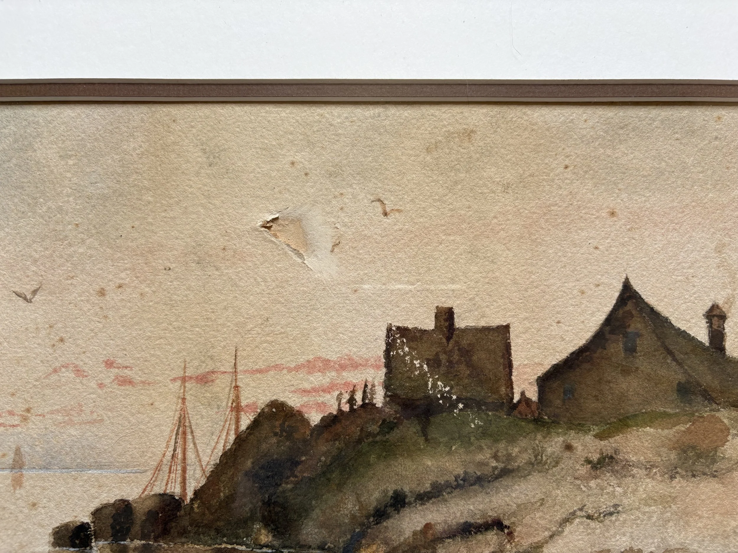 Watercolor painting of a countryside scene with houses on a hillside, trees, and a cloudy sky.