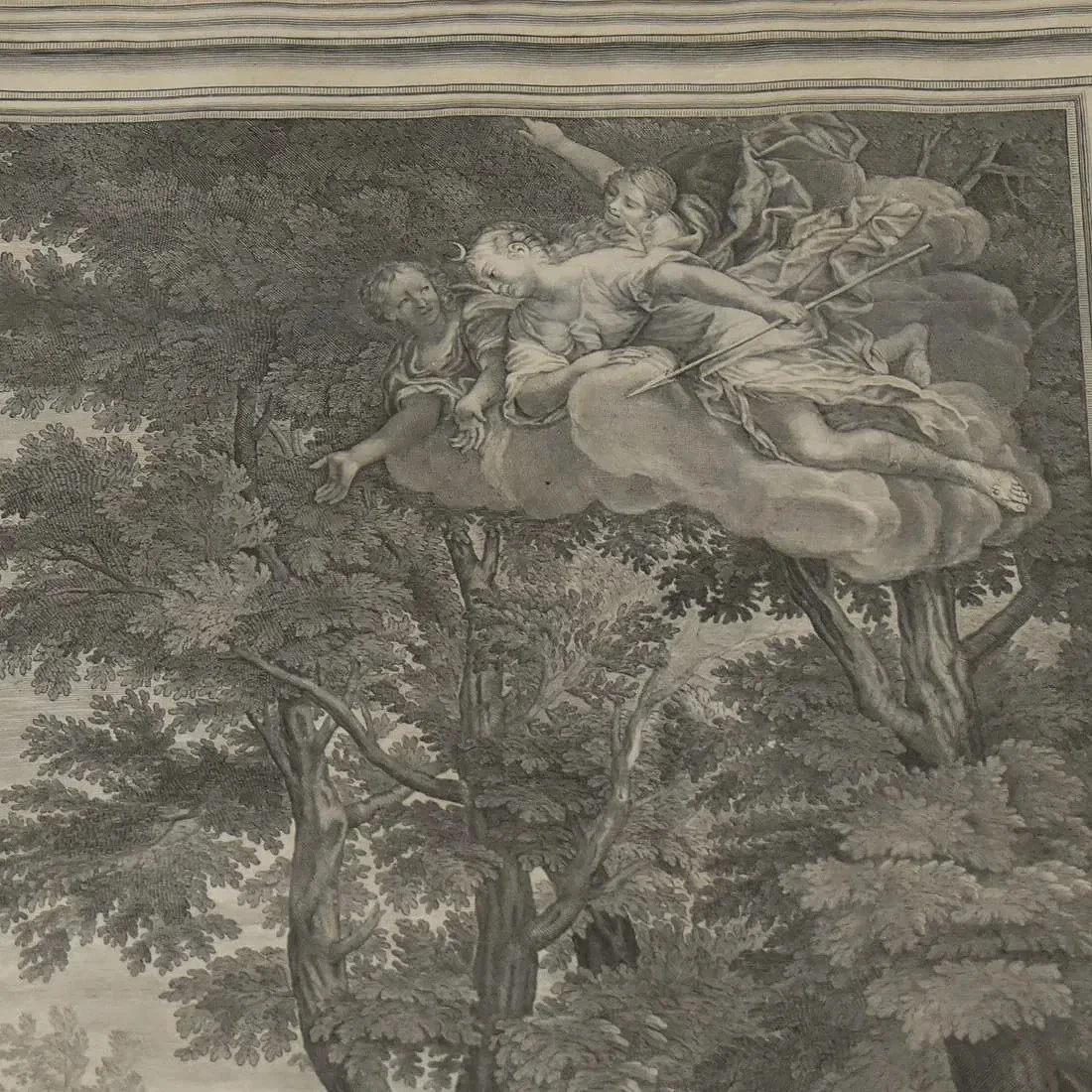 A black and white drawing of three figures seated on a cloud above a leafy tree, with two of them holding spears. The scene appears mythological or allegorical.