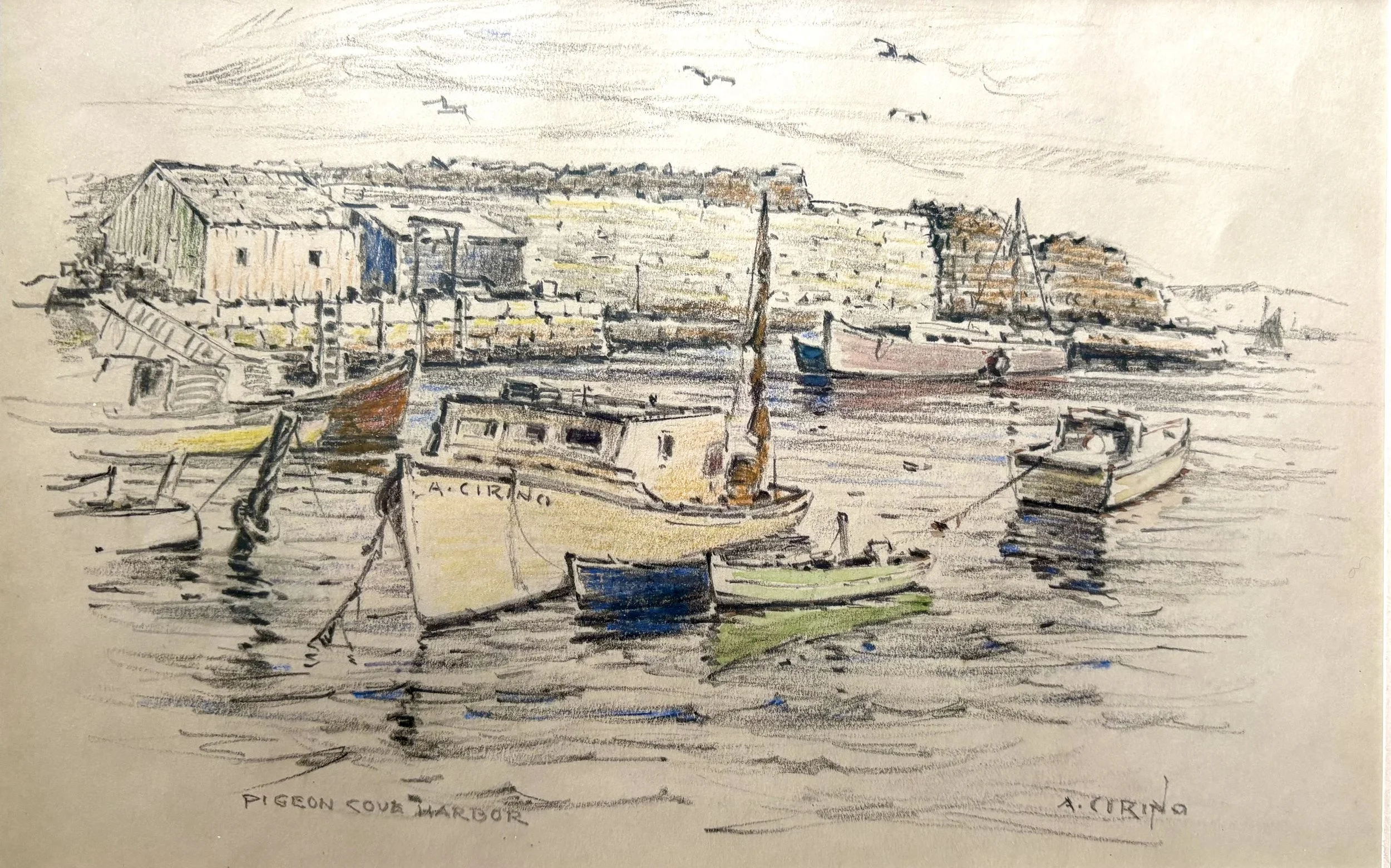 Antonio Cirino (1889-1983), Pigeon Cove Harbor, Colored Pencil, $595