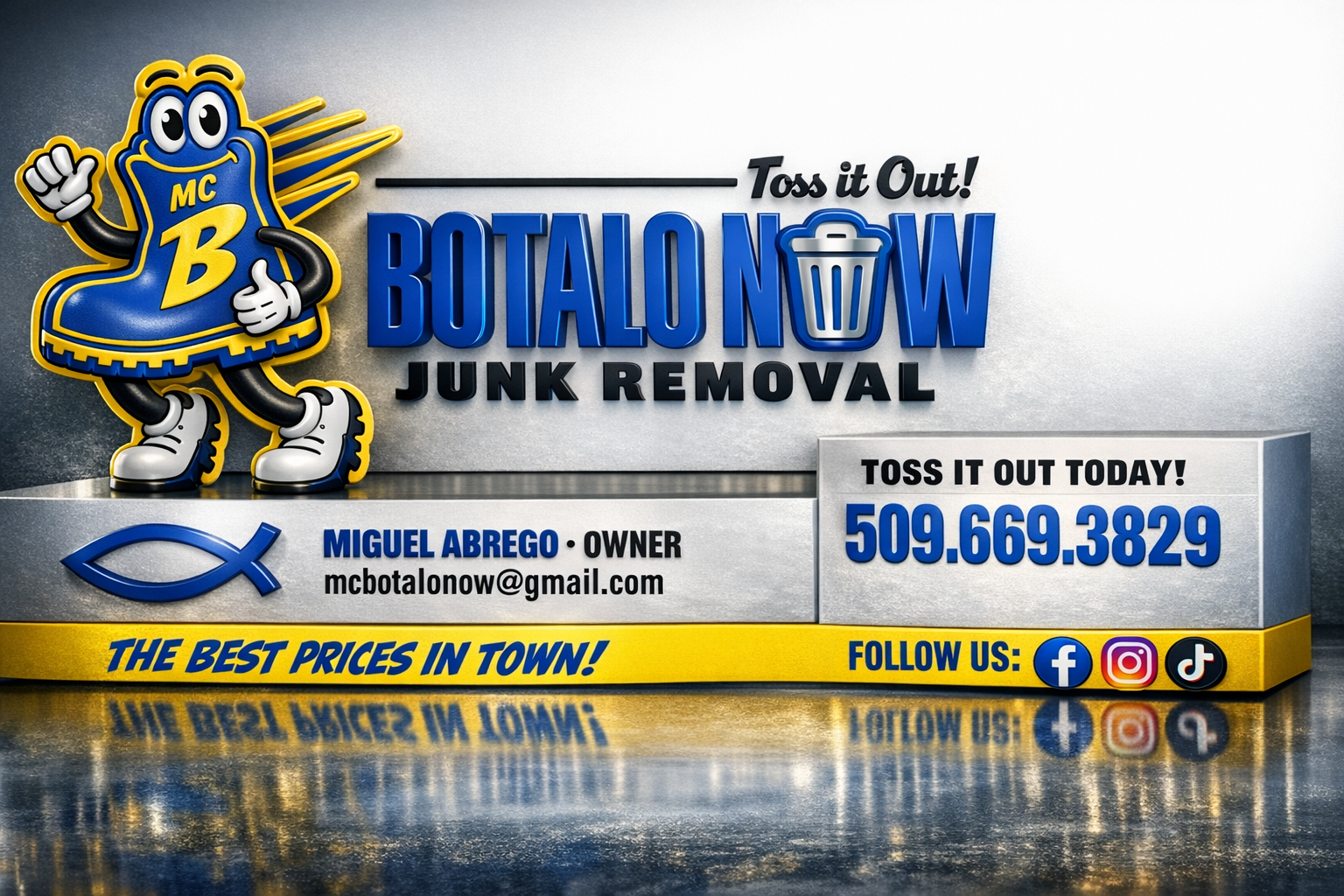 Business card for Botal Now Junk Removal with a blue mascot in a boot, contact information, social media icons, and promotional text.