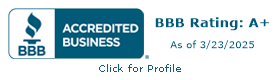 BBB Accredited Business badge with A+ rating as of March 23, 2025.