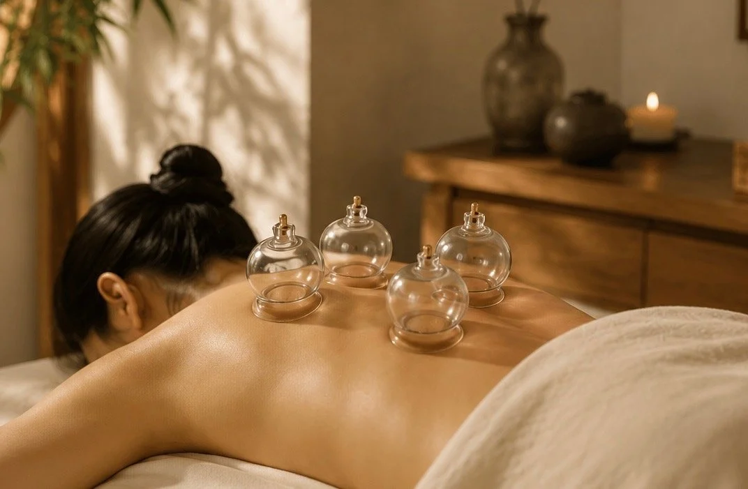A woman receiving a massage with small glass cupping therapy cups on her back in a spa-like room.