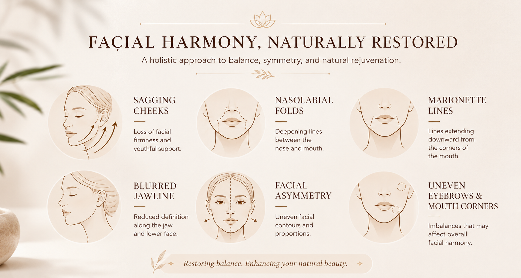 An infographic titled 'Facial Harmony, Naturally Restored' with illustrations and descriptions of various facial features and conditions, including sagging cheeks, nasolabial folds, marionette lines, blurred jawline, facial asymmetry, and uneven eyebrows and mouth corners.