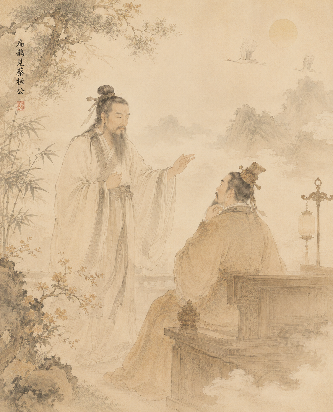 Traditional Chinese painting of two men, one standing and one seated, in a natural outdoor setting with mountains, trees, flying cranes, a lantern, and a full moon in the background.