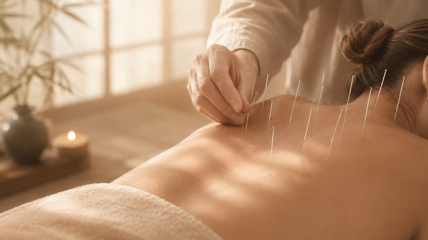 Acupuncturist inserting thin needles into a person's back in a serene room with warm lighting, candles, and a potted plant in the background.