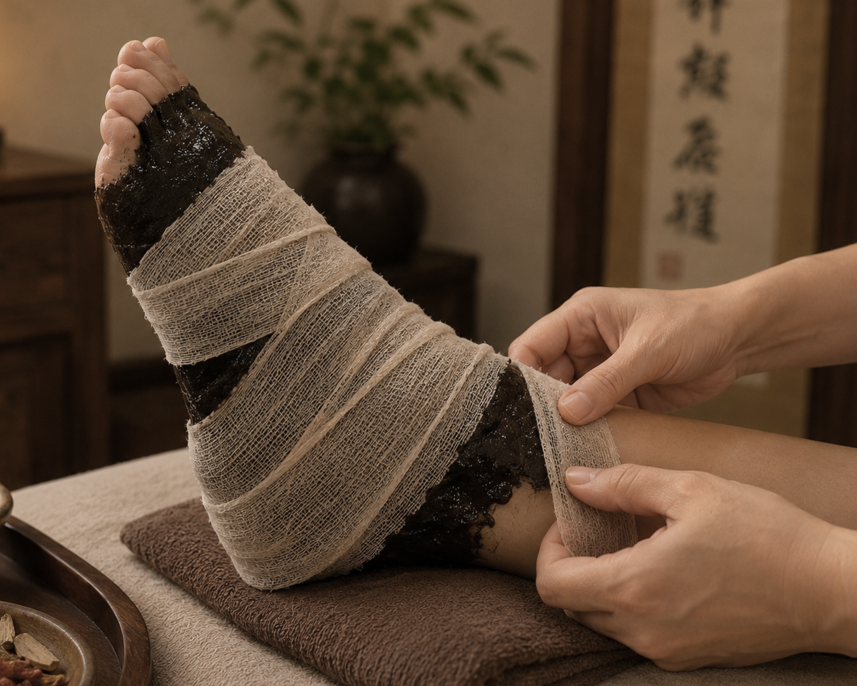 Person wrapping a leg with traditional Korean bandages in a spa or massage setting.