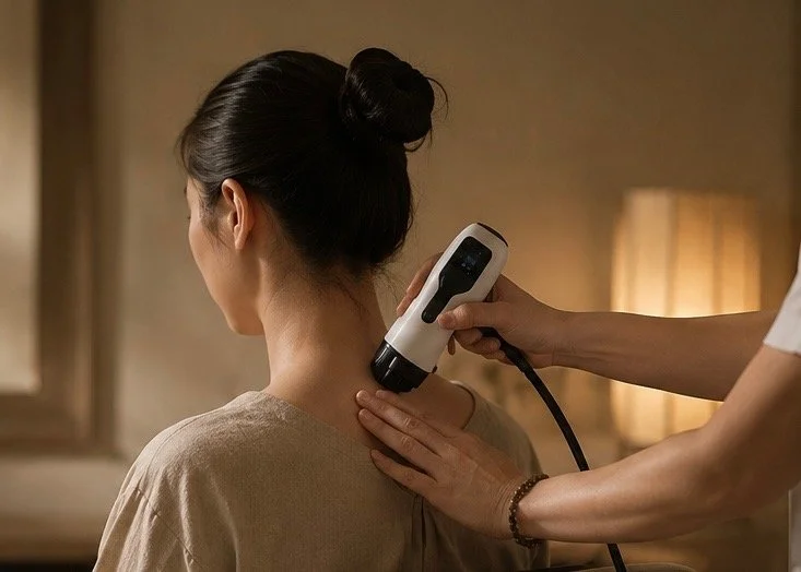 A woman has her neck and shoulder area examined with a handheld ultrasound device by a healthcare professional.