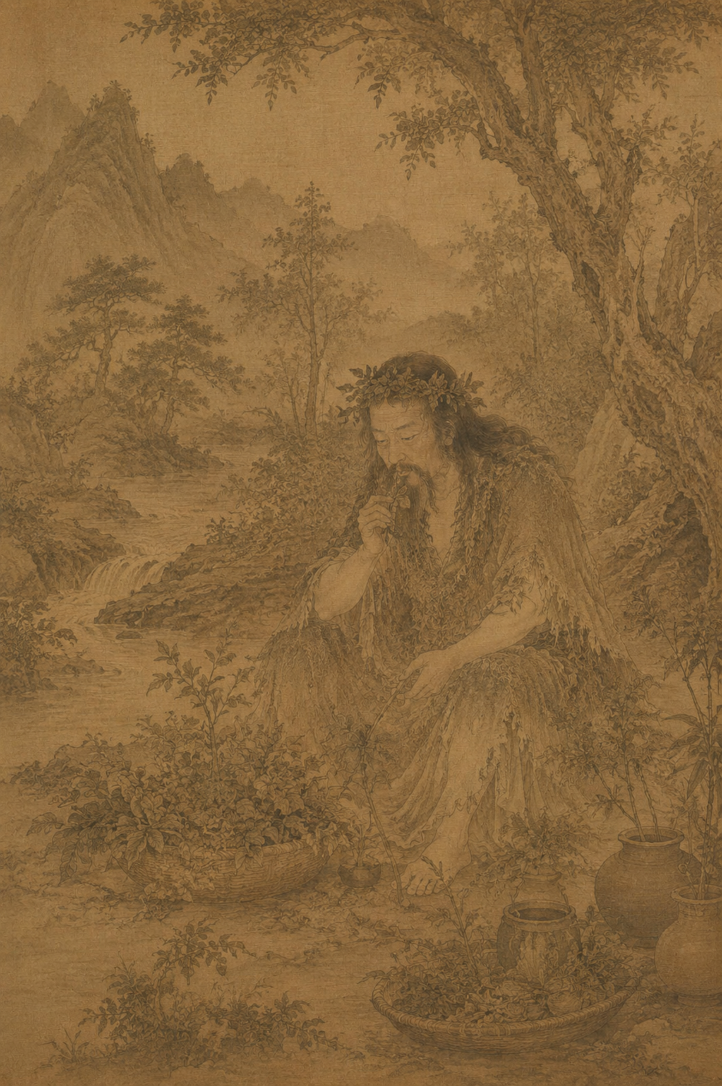 A traditional Chinese painting depicting an ancient man with a beard, dressed in robes made of leaves, sitting outdoors near a river with mountains and trees in the background, surrounded by potted plants and baskets.