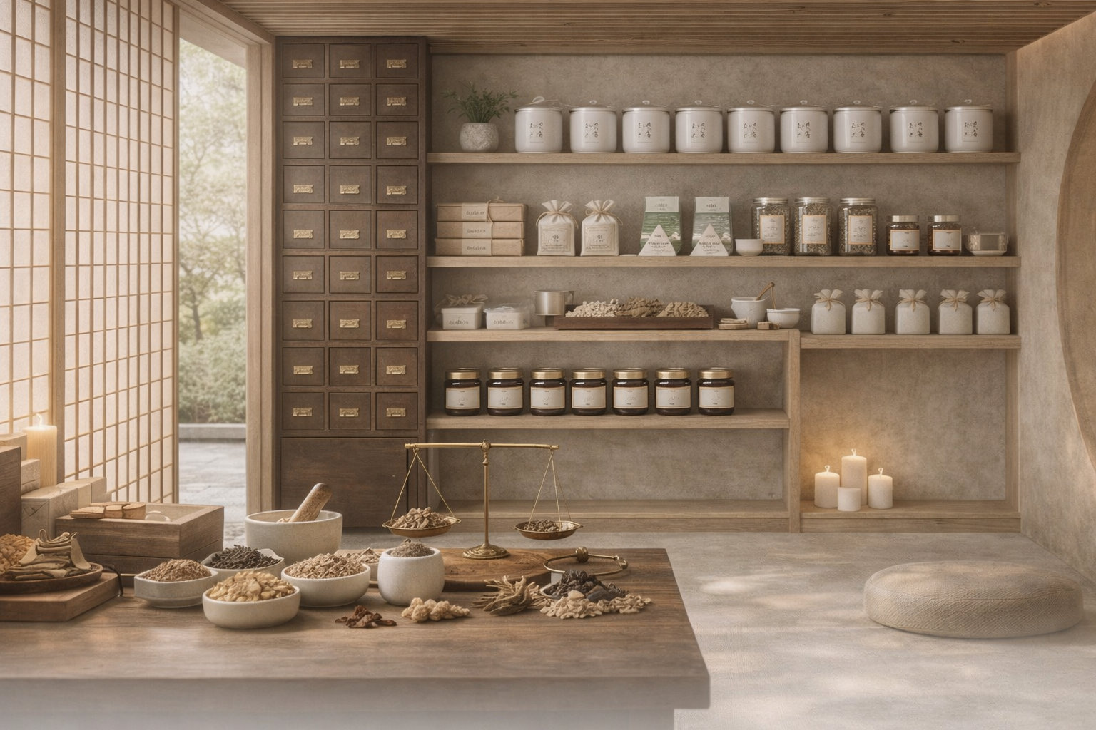 A traditional Japanese-style herbal apothecary or wellness shop with shelves of jars, packages, and herbs, natural wood accents, and candles for ambiance.