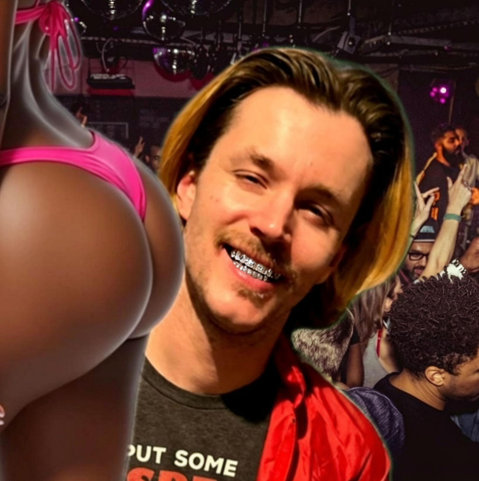 Smiling young man with curly hair and braces, wearing a red jacket, at a nightclub or party with a dimly lit dance floor, disco balls, and other people in the background.