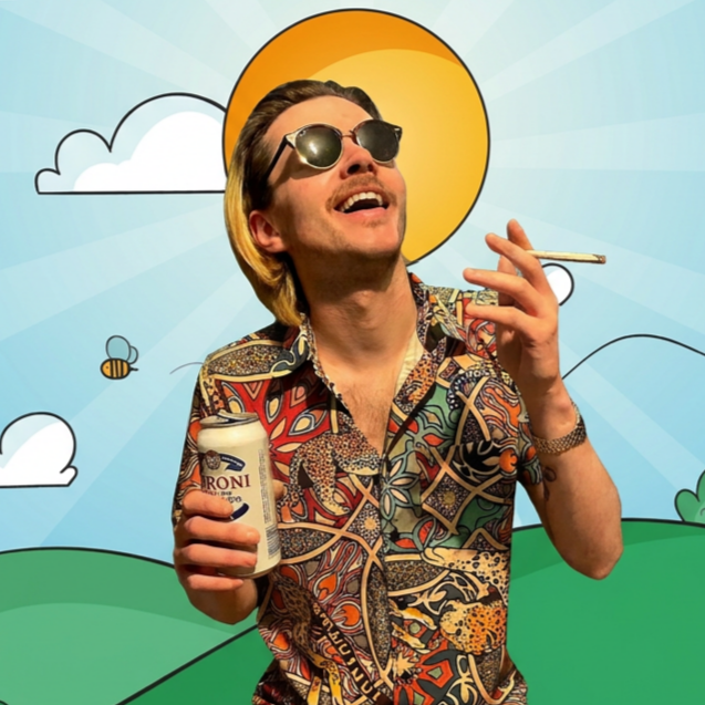 Man with sunglasses, colorful shirt, and a mustache, holding a bottle of Roni branded drink in one hand and a cigarette in the other, with a cartoon sun, clouds, a bee, and green hills in the background.