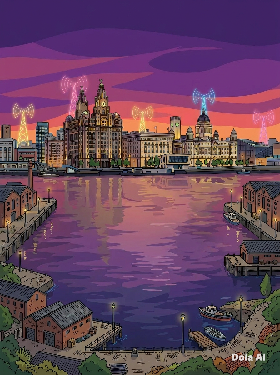 A colorful illustrated cityscape at dusk with buildings, a river, boats, and multiple communication towers with signals, under a purple and orange sky.