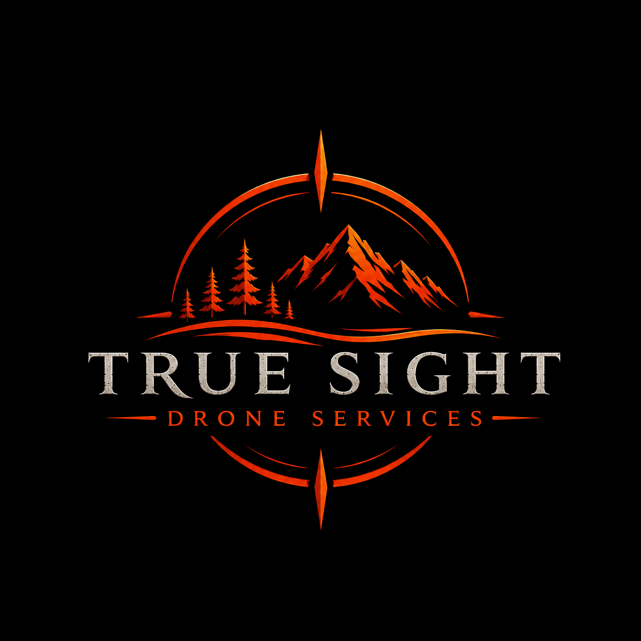 Logo for True Sight Drone Services featuring a mountain, pine trees, and a compass with orange and gray colors on a black background.