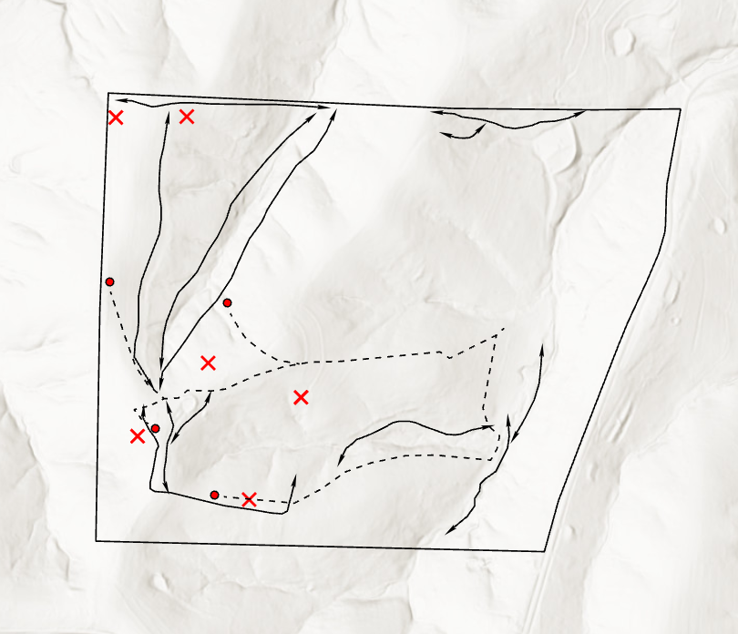 Topographical map with black contour lines and red markings indicating key points and pathways, on crumpled white paper background.