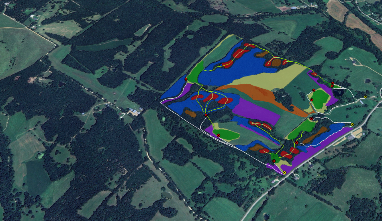 This is an image of a comprehensive recreational property map. It includes food plots, access route planning, travel corridors, bedding areas, edge feathering, warm season grass plantings, tree plantings, pollinator plot plantings and tree thinning.