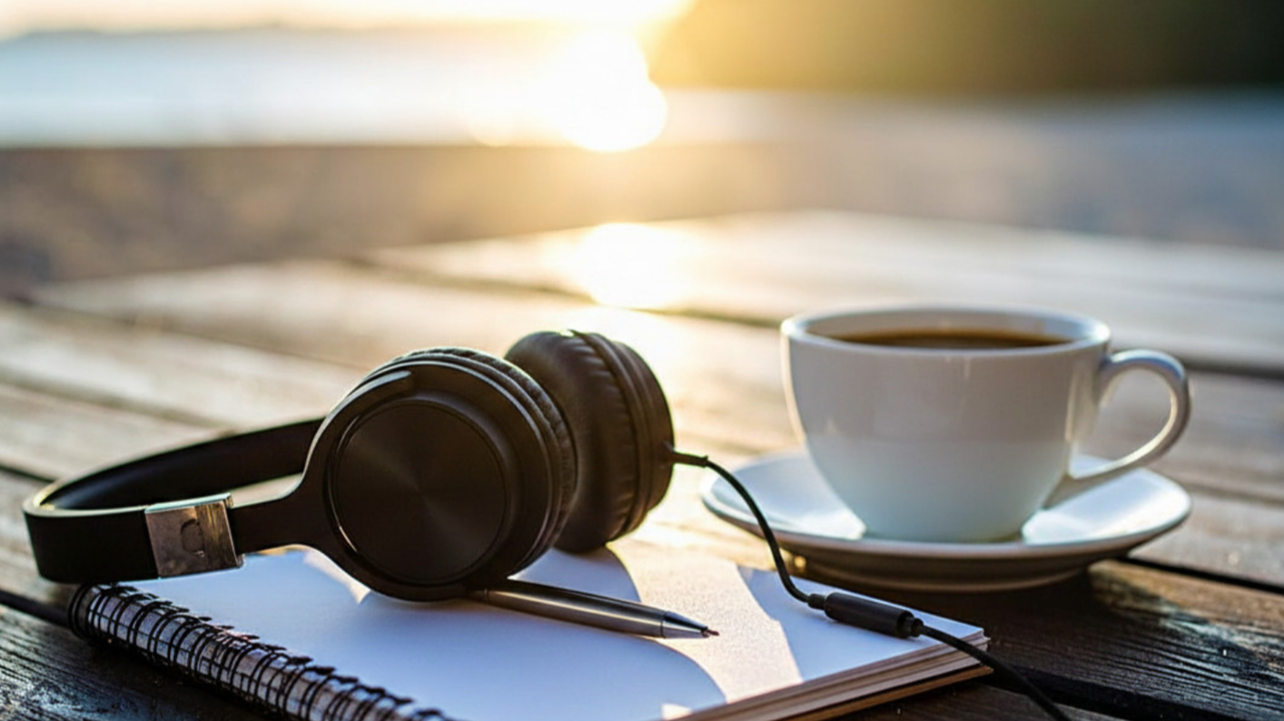 A pair of black headphones and a white coffee cup with saucer on a wooden outdoor table at sunset.