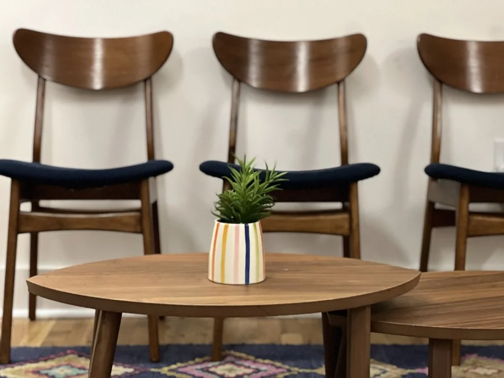 Three wooden chairs with black cushions against a white wall, and a small wooden table with a potted plant in a striped pot in front.