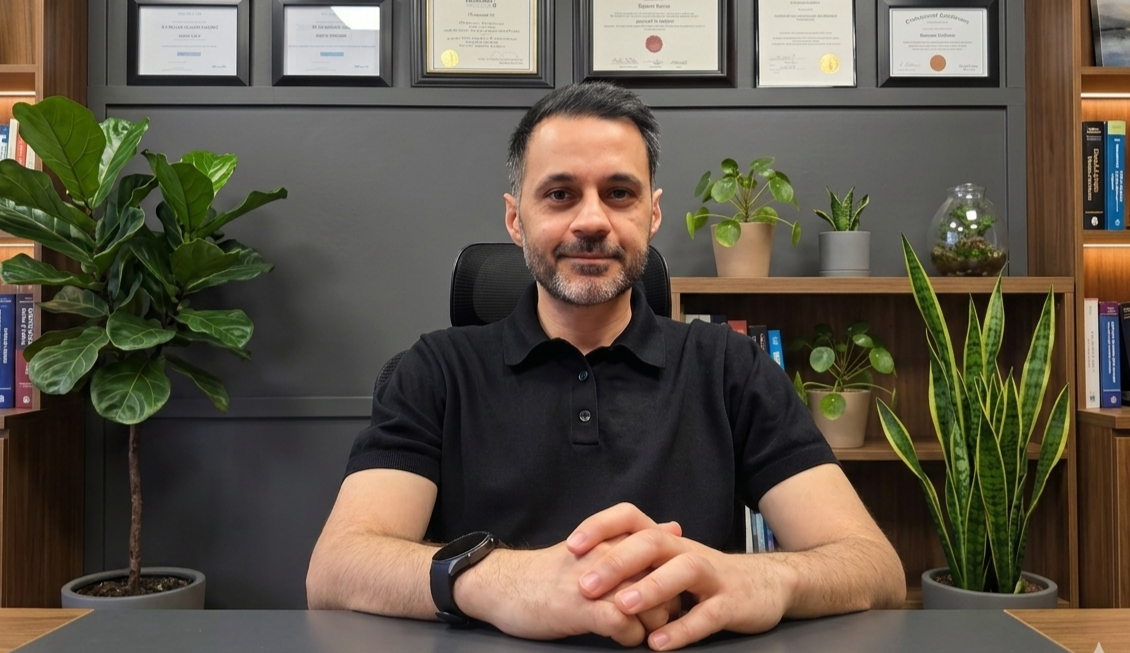 Man sitting at a desk in an office with framed certificates and books, surrounded by potted plants. Expert clinician knowledgable kind caring specialized degrees mental health functional medicine management clinic assessment provider psychiatrist