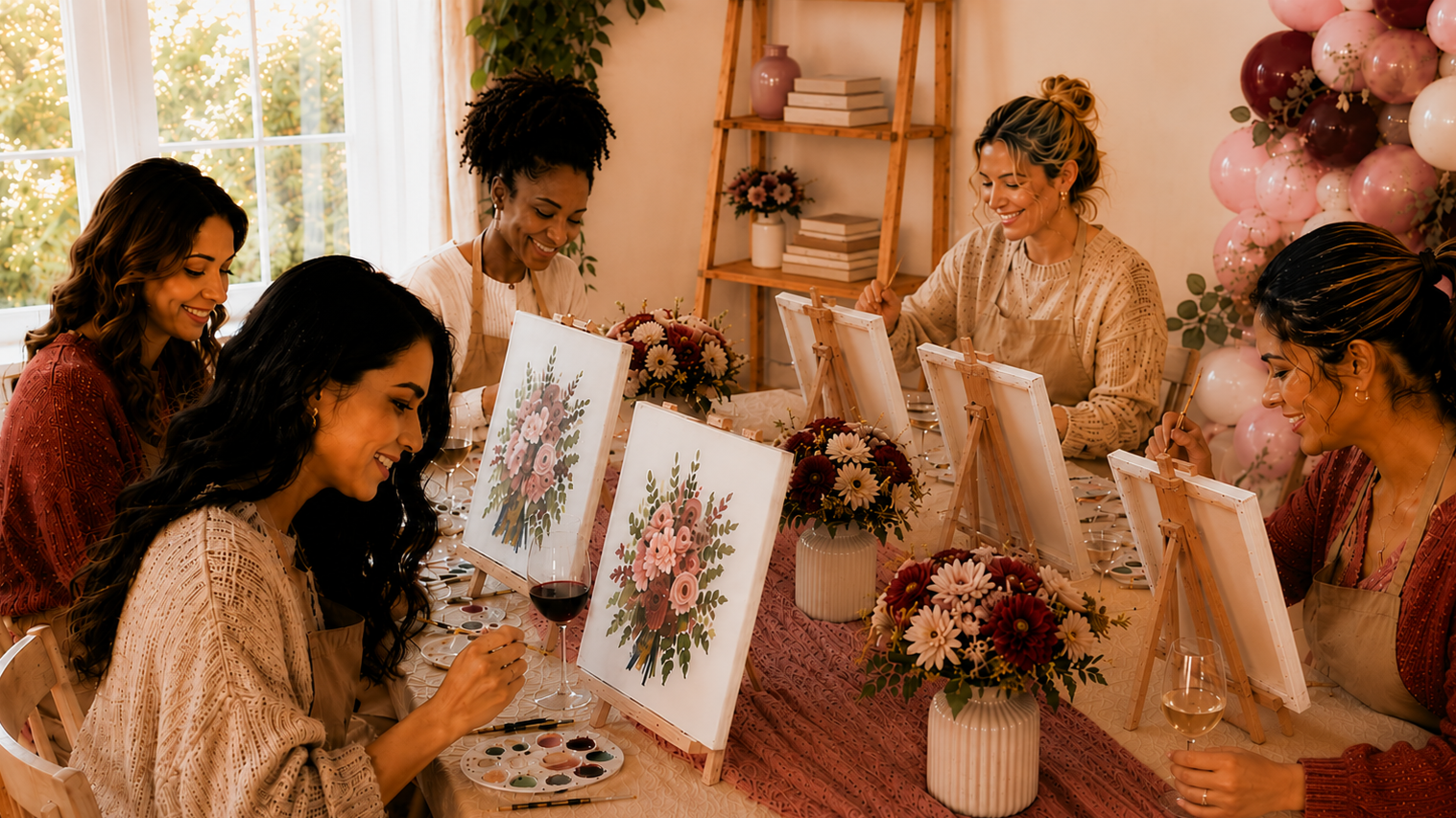 Women painting floral artwork at a group art session in a bright, decorated room with balloons and flowers.
