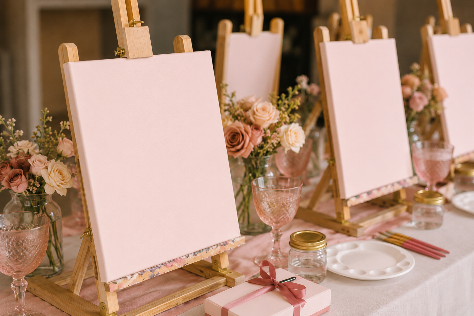 Table decorated with pink roses and flowers in glass vases, blank pink canvases on mini easels, pink glassware, mason jars, a white artist palette, pink and gold tableware, and a pink gift box with a ribbon.