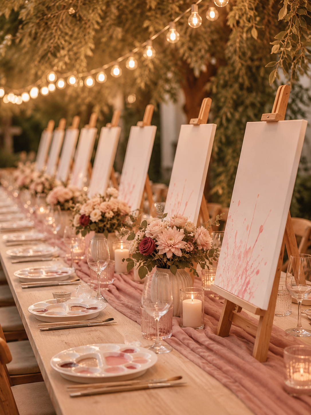 Long dining table set for a celebration with pink and white floral arrangements, candles, wine glasses, and empty canvases on easels in an outdoor setting decorated with string lights and greenery.