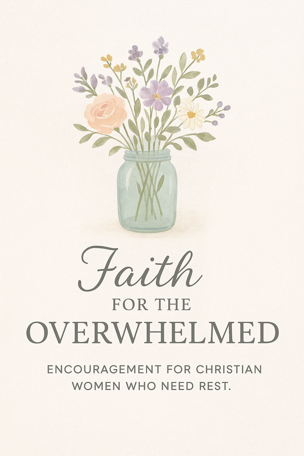 Floral illustration of a bouquet in a glass jar with pastel-colored flowers and leaves, with text reading 'Faith for the Overwhelmed' and a subtitle about encouragement for Christian women who need rest.