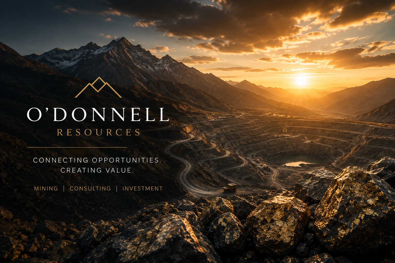 Sunset over a mountain landscape with winding roads, a water reservoir, and rocky foreground, with text overlay for O’Donnell Resources.