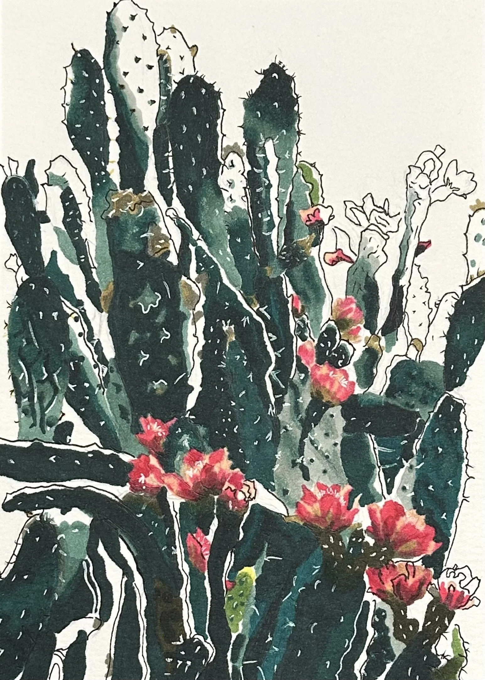 Watercolor painting of tall, green cacti with pink flowers in front.