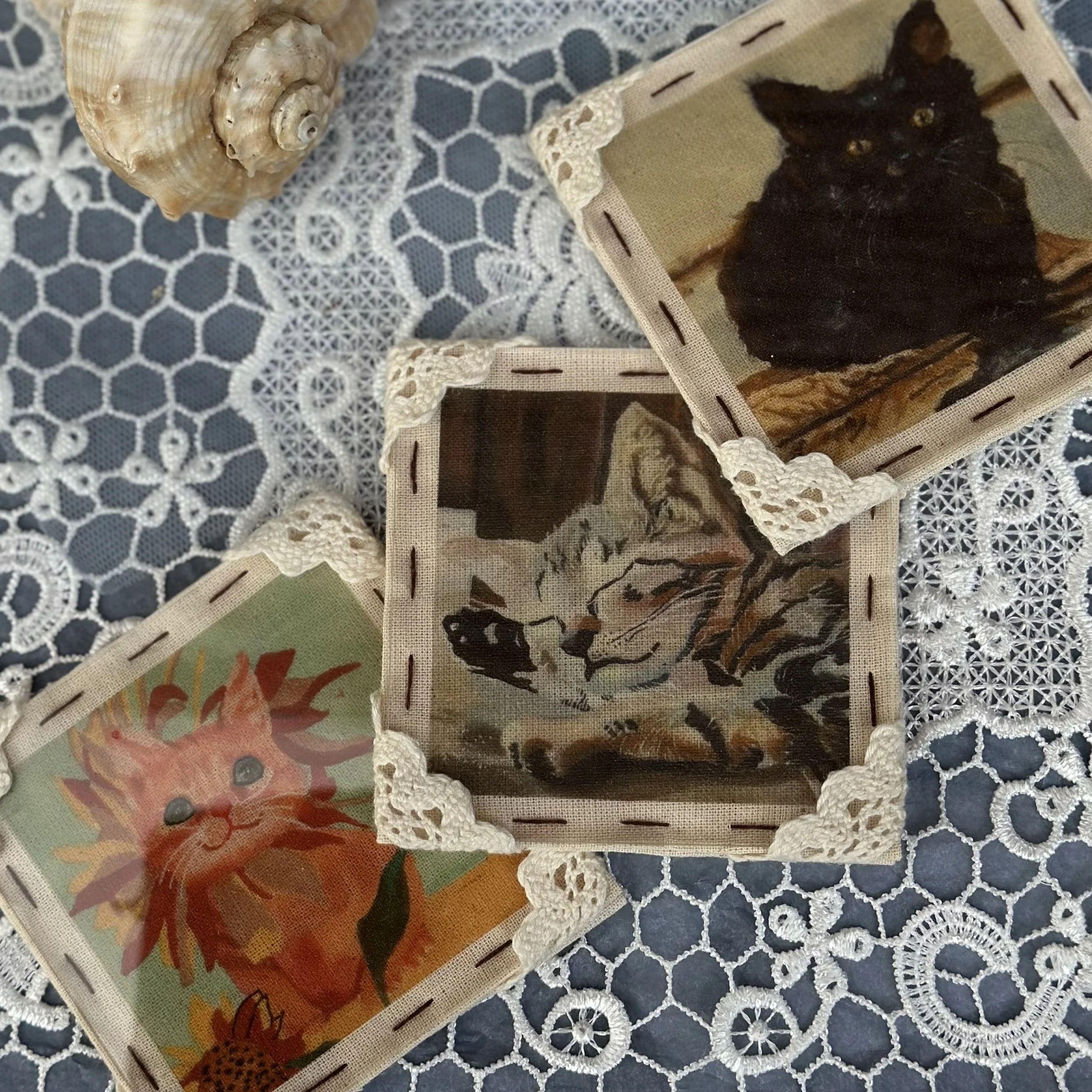 Close-up of seashells and embroidered cloth with a framed picture of a black cat, placed on a lace tablecloth.