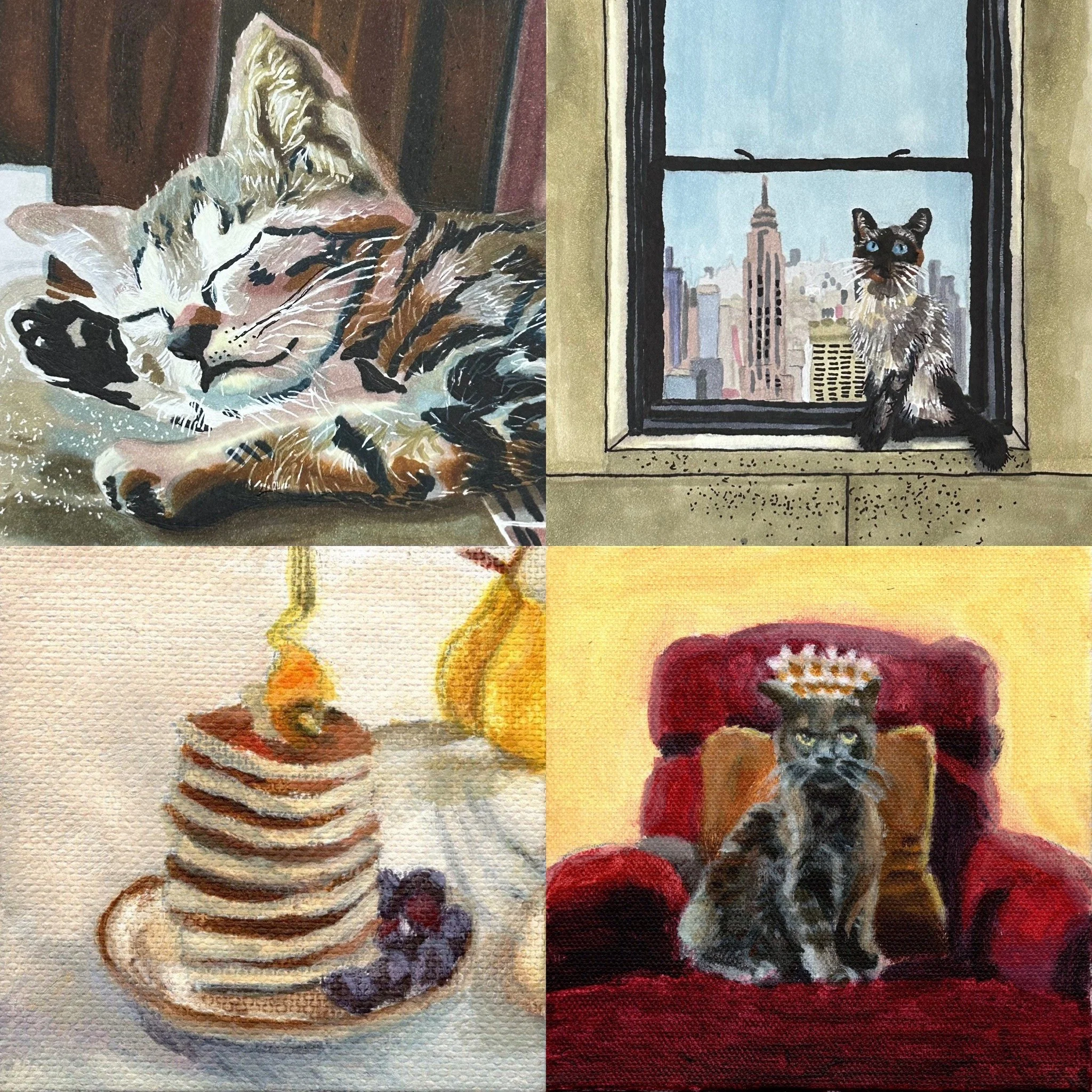 Watercolor painting of two cats, one with light fur and piercing blue eyes sitting on a red blanket by a window, the other with tiger-like stripes sleeping on a white and striped pillow. The window shows a cityscape with a tall spire building.