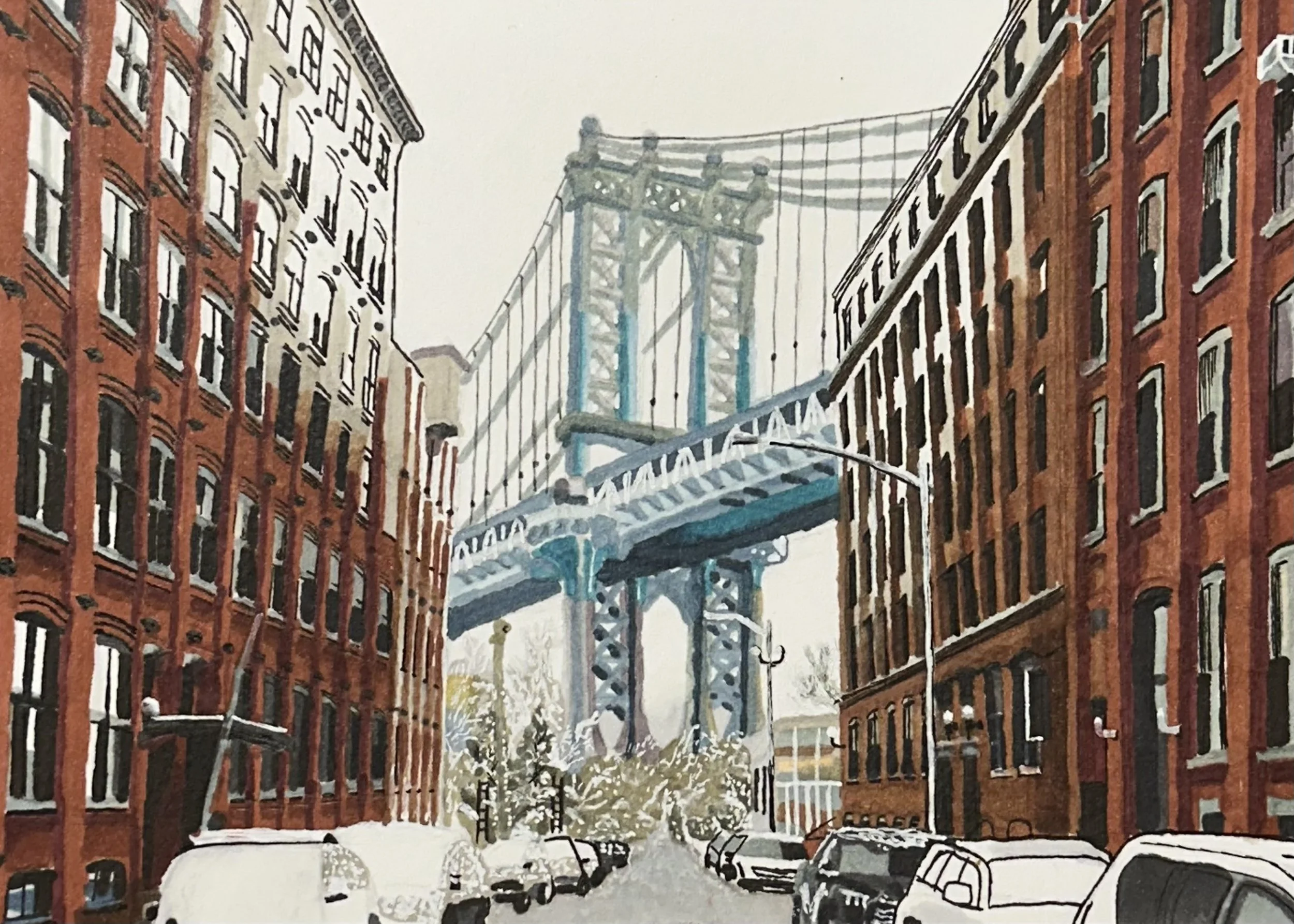 A city street with brick buildings on both sides, parked cars, and a visible bridge in the background.