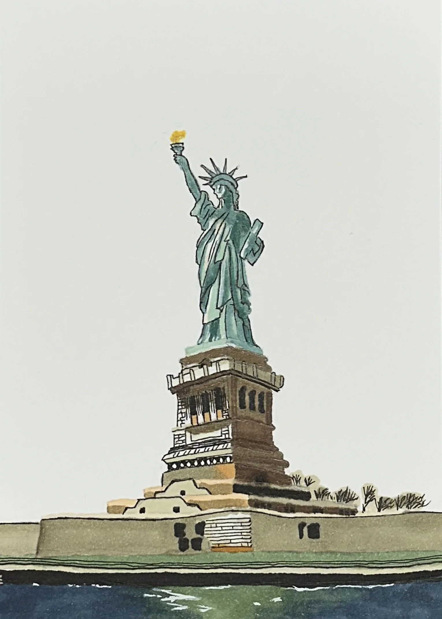Watercolor painting of the Statue of Liberty on Liberty Island with water in the foreground.