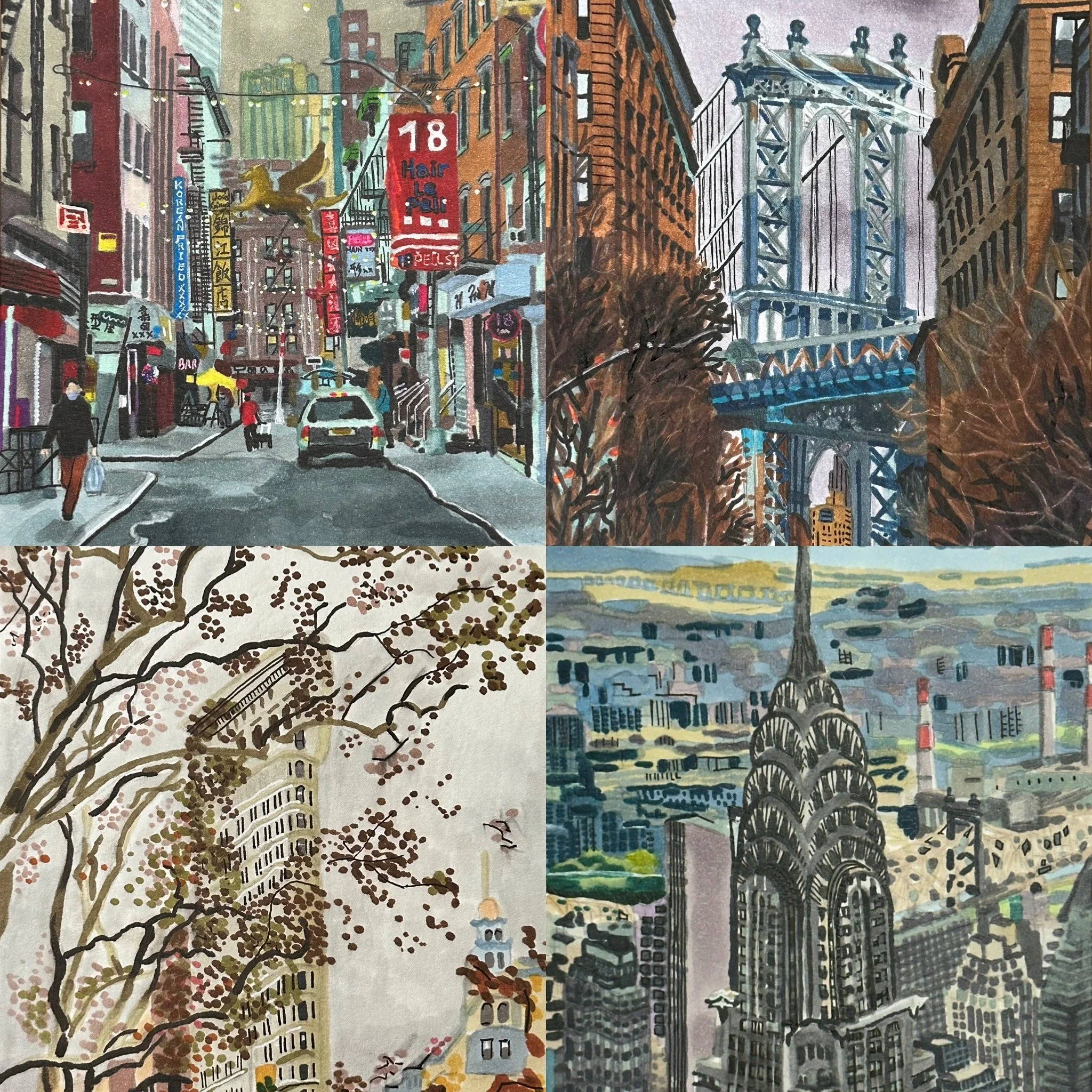 A colorful painting of an urban cityscape with tall buildings, a bridge, trees, and signs in a city environment. The scene includes pedestrians and cars on the street.