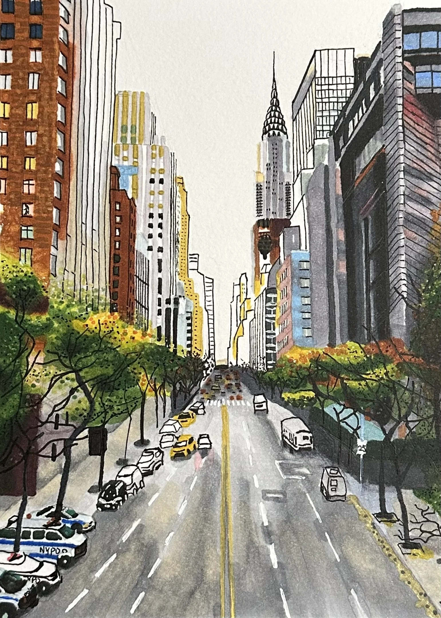 A watercolor painting of a city street with cars, trees, and tall buildings, including the Empire State Building in the distance, with cloudy sky above.