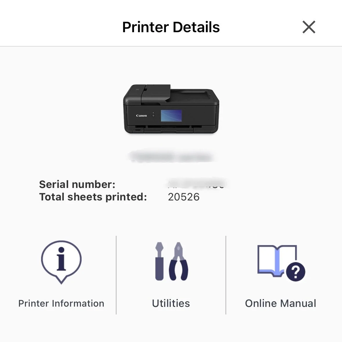 Printer details screen displaying an image of a Canon printer, serial number blurred, total sheets printed 20526, with icons for Printer Information, Utilities, and Online Manual.