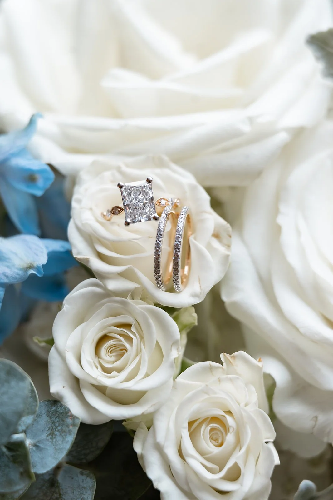A close-up of a large diamond ring and two thin diamond bands placed on white roses and blue flowers.