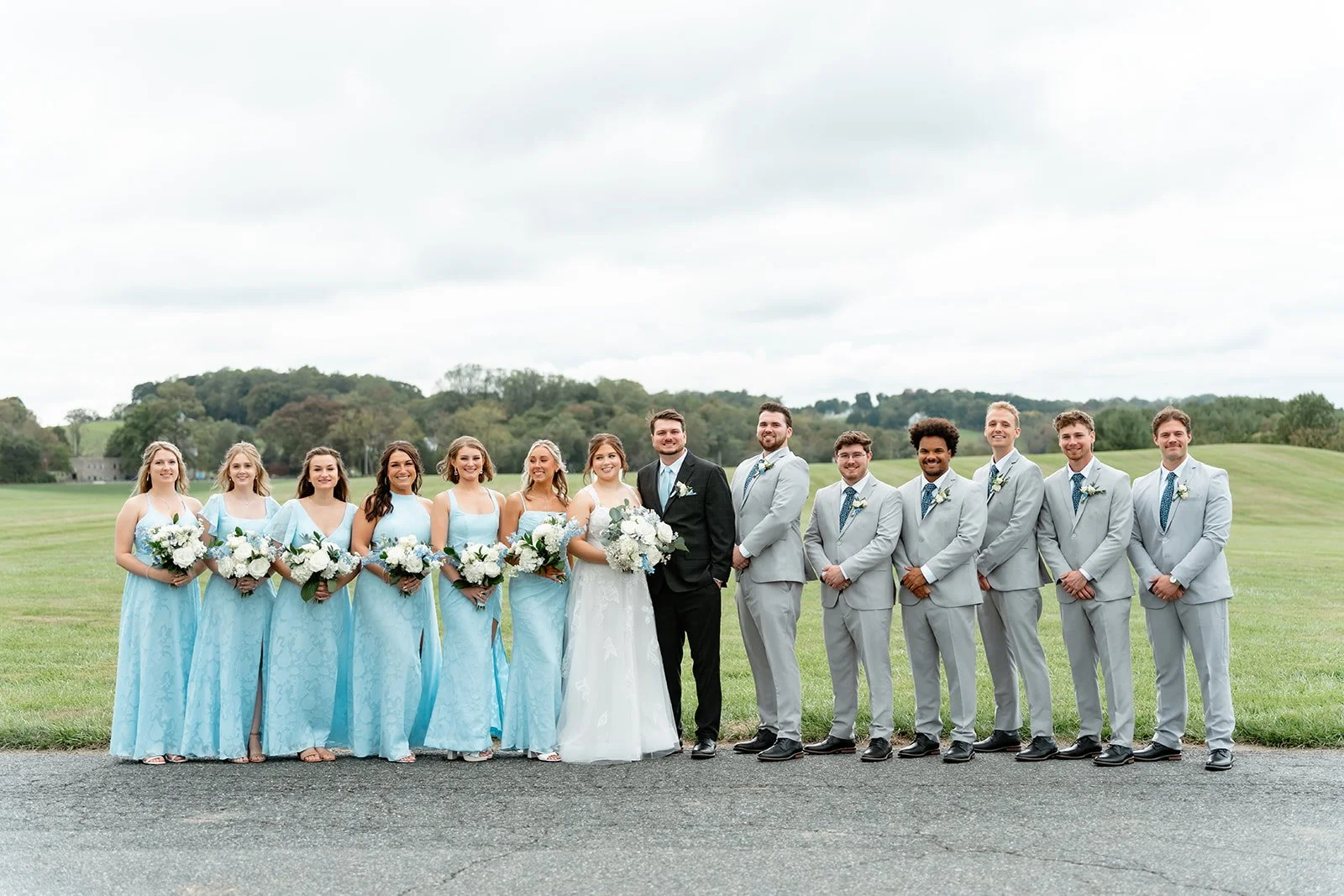 A group of wedding party members, including bridesmaids in light blue dresses holding bouquets and groomsmen in gray suits with blue ties, standing outdoors on a grassy field against a backdrop of trees and hills under an overcast sky.
