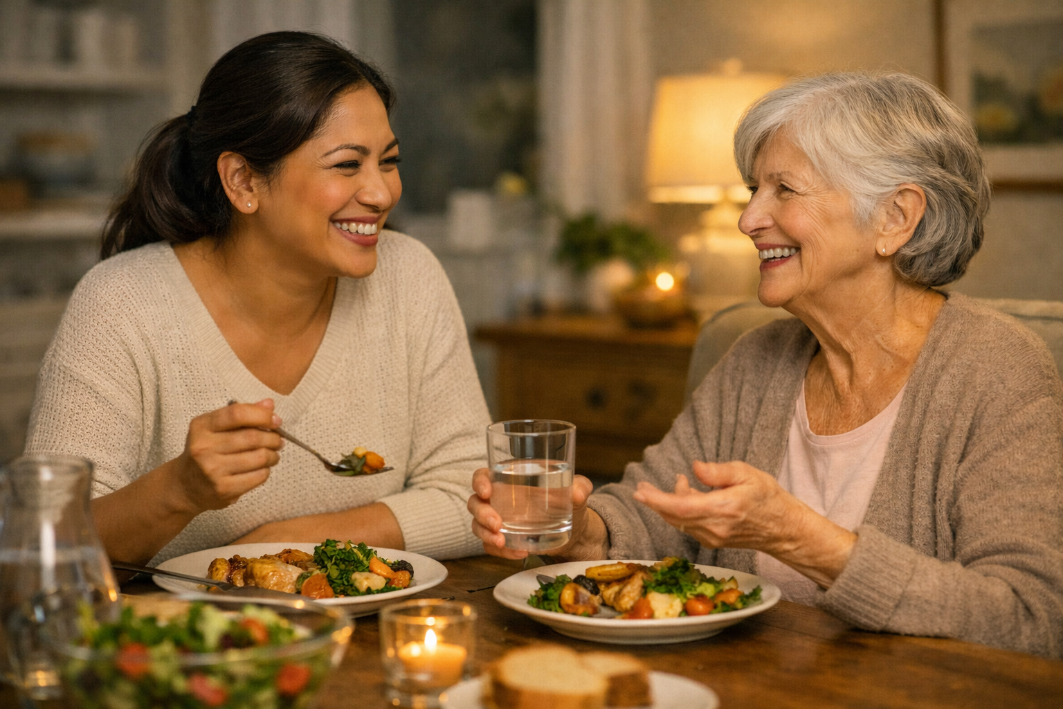 Caregiver and elderly woman eat dinner together