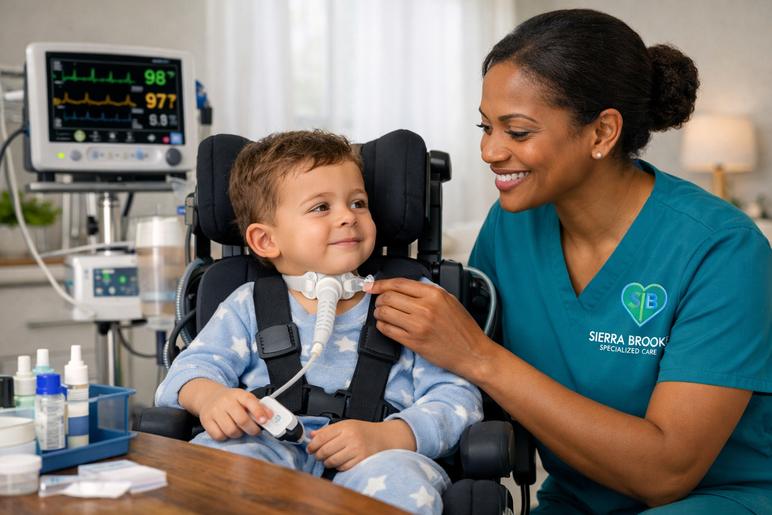 pediatric nurse assists a medically complex child