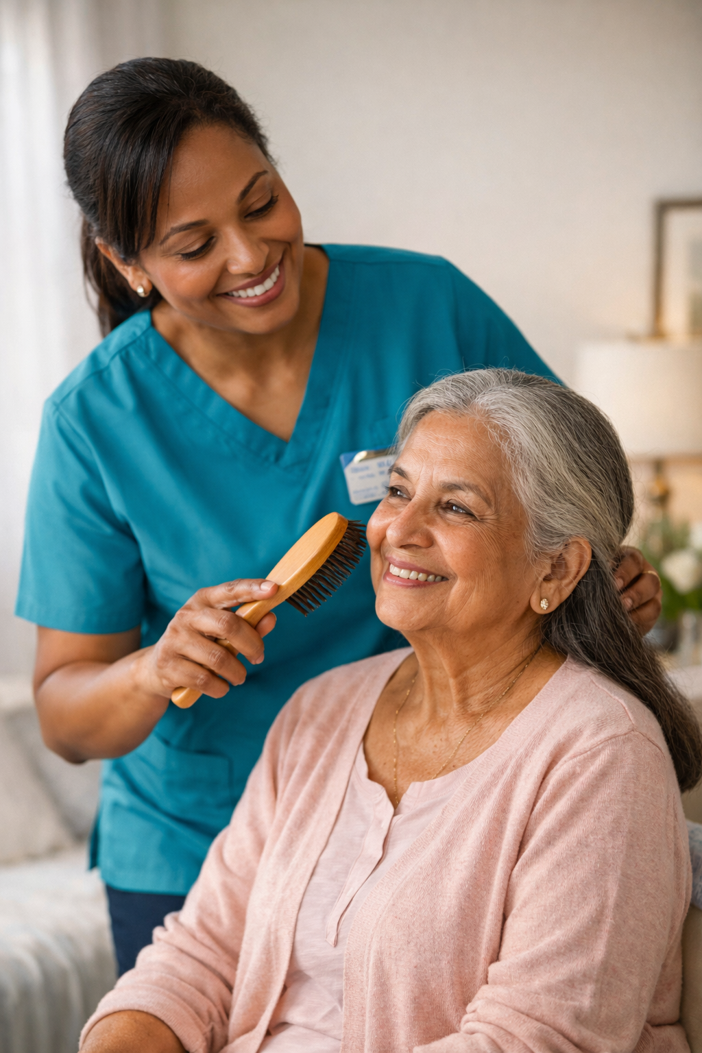 A caregiver brushes an elderly woman's hair